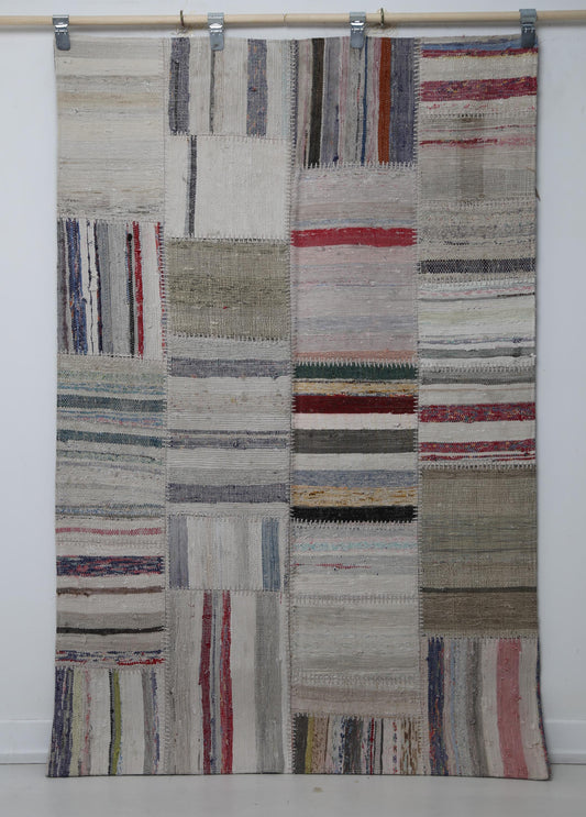3'9 x 5'10 Vintage Turkish Kilim Patchwork Rug, Beige Multicolor Wool Cotton Area Rug