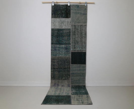 2'5 x 8'4 Vintage Turkish Patchwork Runner Rug, Green Wool Cotton Hallway Rug