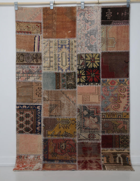 4'1 x 6'1 Vintage Turkish Patchwork Rug, Multicolor Wool Cotton Area Rug