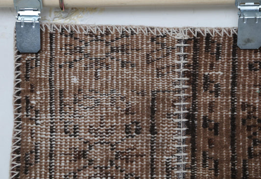 1'11 x 4'5 Vintage Turkish Patchwork Runner Rug, Brown Wool Cotton Narrow Hallway Rug