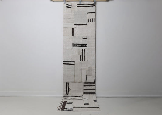 1'11 x 7'10 Vintage Turkish Hemp Patchwork Runner Rug, Black White Minimal Long Hallway Rug