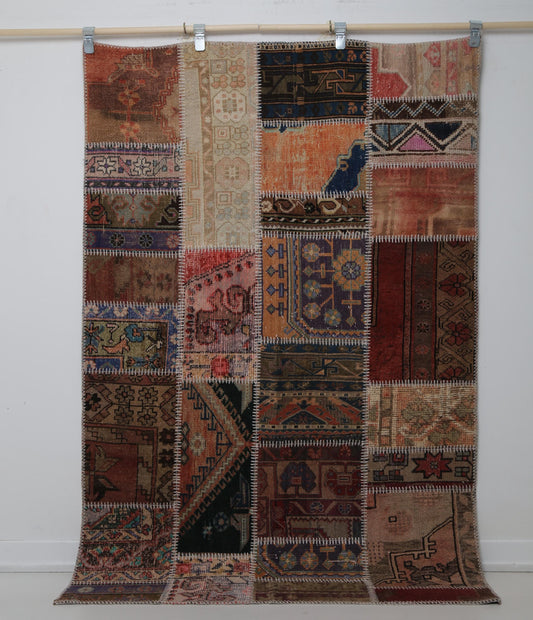 4'3 x 6'5 Vintage Turkish Patchwork Rug, Multicolor Wool Cotton Handmade Area Rug
