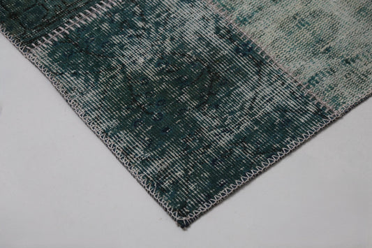 2'4 x 9'1 Vintage Turkish Patchwork Runner Rug, Green Long Hallway Wool Rug
