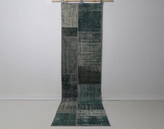 2'4 x 9'1 Vintage Turkish Patchwork Runner Rug, Green Long Hallway Wool Rug