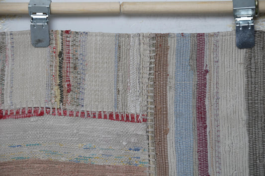 4'0 x 5'8 Vintage Turkish Kilim Patchwork Rug, Beige Multicolor Wool Cotton Area Rug
