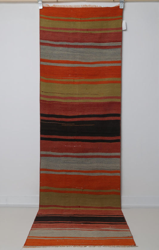 2'4 x 8'0 Vintage Turkish Kilim Runner, Multicolor Striped Wool Rug, Long Hallway Runner