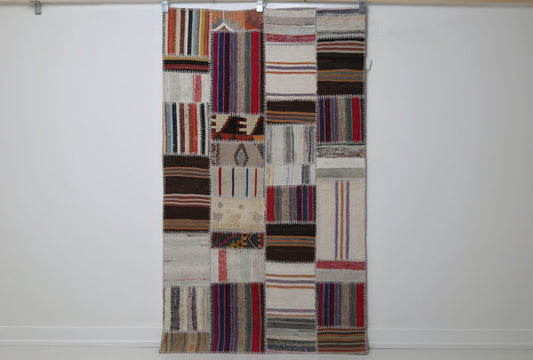 3x6 Vintage Turkish Patchwork Kilim Rug, Multicolor Flatweave Cotton Wool, Boho Area Rug