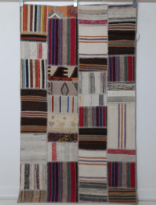 3x6 Vintage Turkish Patchwork Kilim Rug, Multicolor Flatweave Cotton Wool, Boho Area Rug