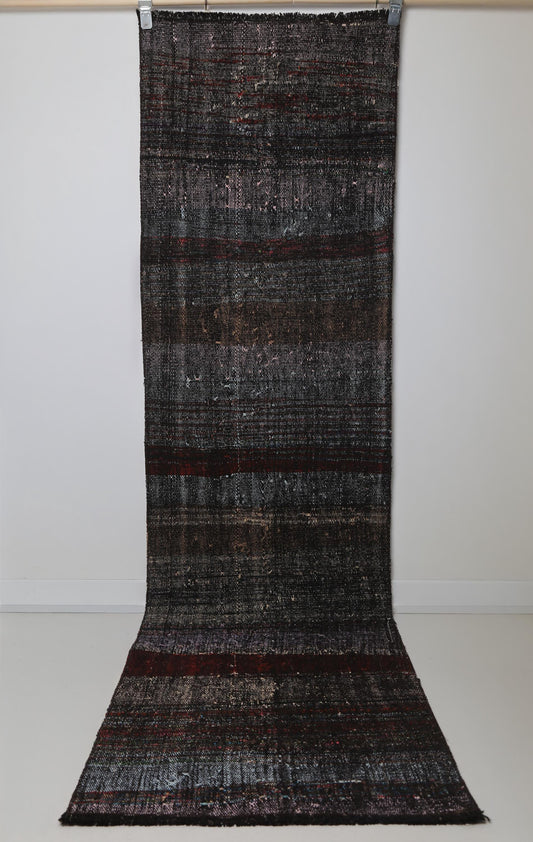 2x9 Vintage Turkish Flatweave Runner Rug, Black Red Striped Wool Cotton Hallway Rug