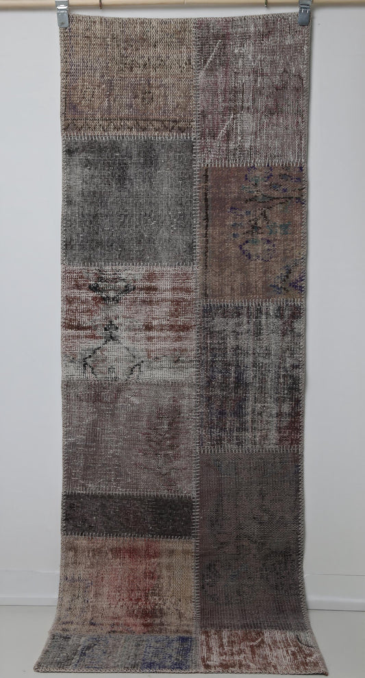 2x7 Vintage Patchwork Runner Rug, Multicolor Neutral Tones, Narrow Hallway Carpet