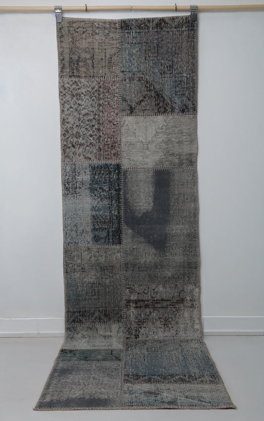 2x8 Vintage Patchwork Runner Rug, Blue Toned Wool Cotton Design, Narrow Hallway Rug
