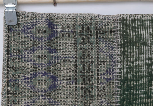 2x7 Vintage Patchwork Runner Rug, Green Wool Cotton Hallway Runner, Handmade Narrow Turkish Rug
