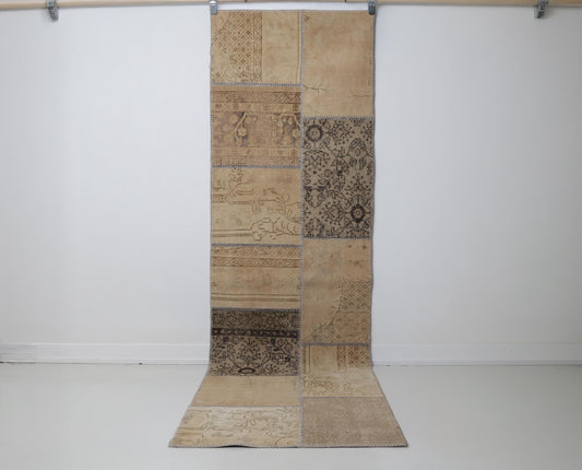2x9 Vintage Turkish Patchwork Rug, Beige Neutral Runner, Handmade Wool Cotton Hallway Rug