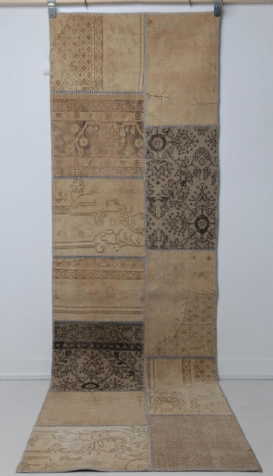 2x9 Vintage Turkish Patchwork Rug, Beige Neutral Runner, Handmade Wool Cotton Hallway Rug
