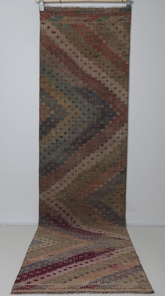 2x9 Vintage Turkish Kilim Runner Rug, Multicolor Minimal Flatweave Hallway Rug, Long Handmade Wool Cotton Rug