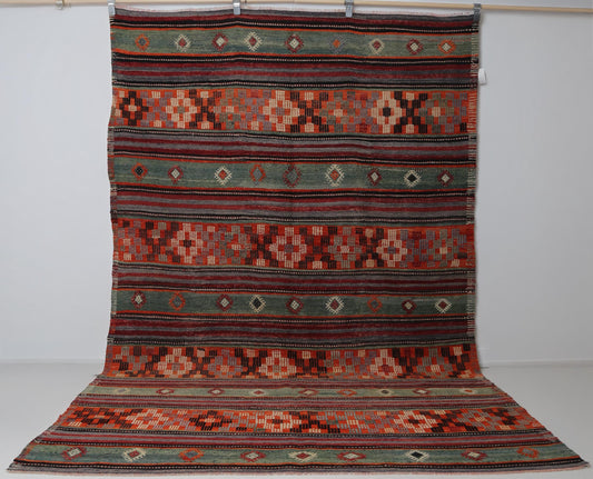 6x9 Vintage Turkish Kilim Rug, Red Striped Wool Area Rug, Handmade Tribal Flatweave Decor