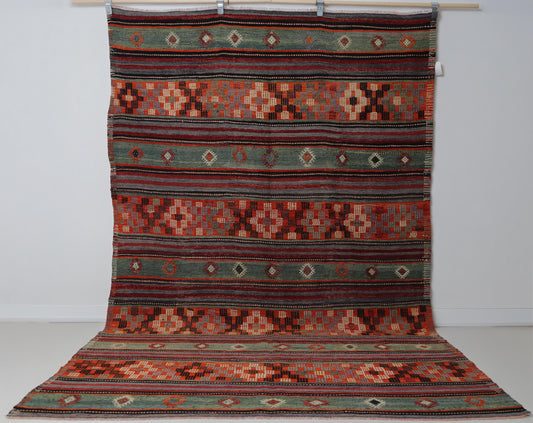 6x9 Vintage Turkish Kilim Rug, Red Striped Wool Area Rug, Handmade Tribal Flatweave Decor