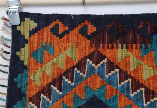 2x3 Vintage Turkish Kilim Rug, Blue Oriental Wool Accent Rug, Handmade Tribal Flatweave Rug