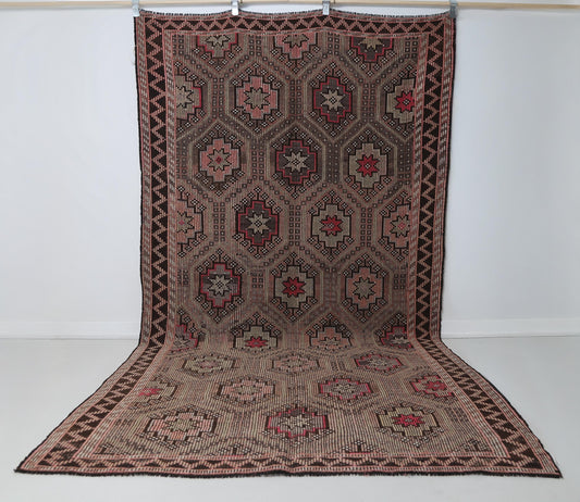 6x10 Vintage Turkish Kilim Rug, Brown Pink Oriental Wool Flatweave Rug, Handmade Hallway Decor