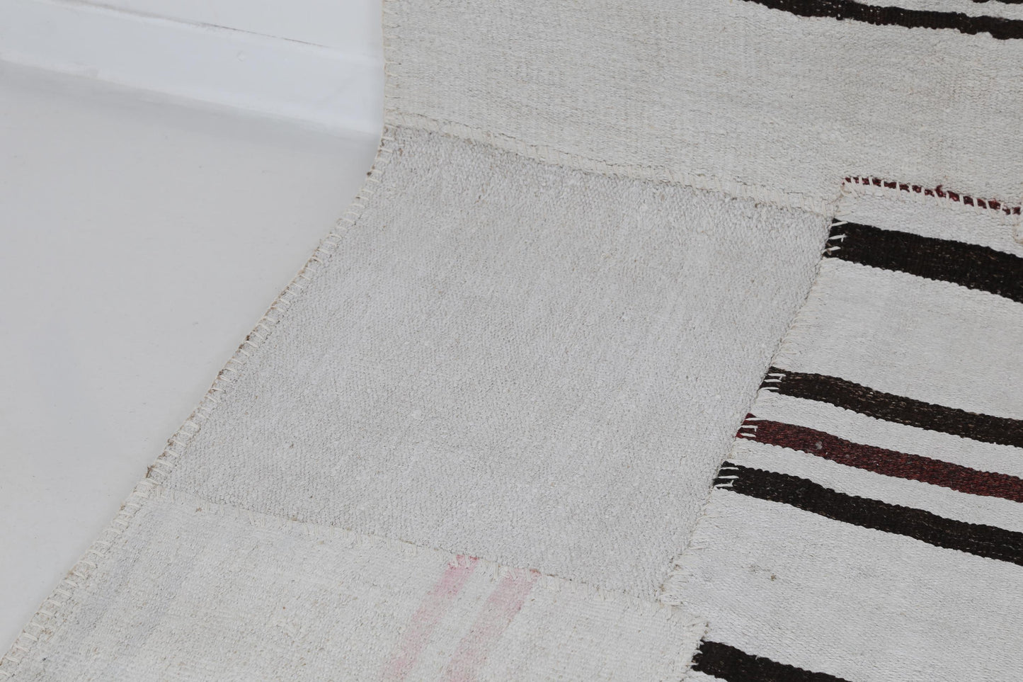 7x10 Vintage Turkish Hemp Patchwork Rug, White Black Striped Handmade Kilim, Minimal Flatweave Area Rug