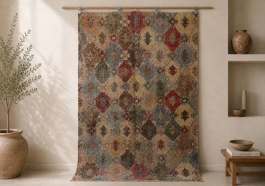 4x6 Vintage Turkish Rug, Multicolor Geometric Wool Cotton Area Rug, Handmade Distressed Boho Decor
