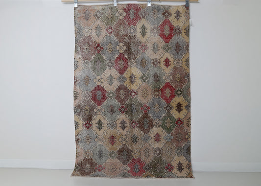 4x6 Vintage Turkish Rug, Multicolor Geometric Wool Cotton Area Rug, Handmade Distressed Boho Decor