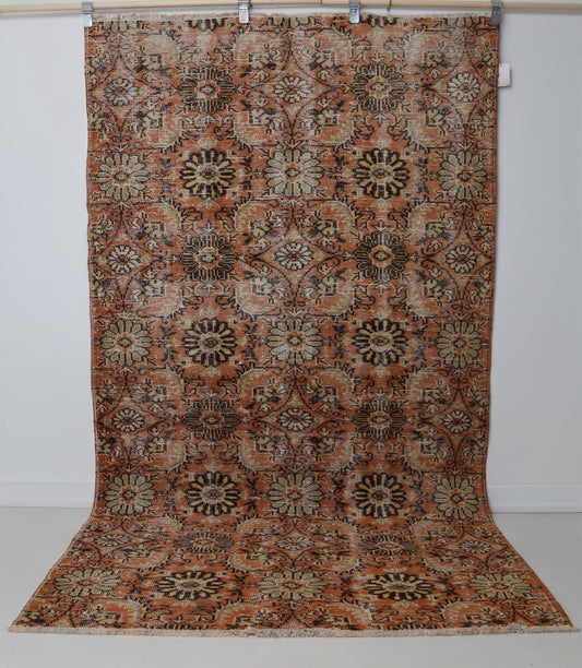 5x8 Vintage Turkish Floral Runner Rug, Orange Beige Wool Cotton Rug, Handmade Distressed Hallway Area Rug