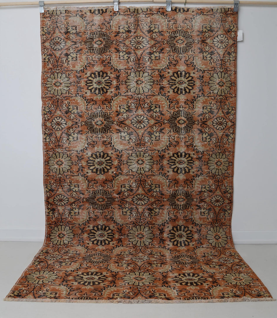 5x8 Vintage Turkish Floral Runner Rug, Orange Beige Wool Cotton Rug, Handmade Distressed Hallway Area Rug