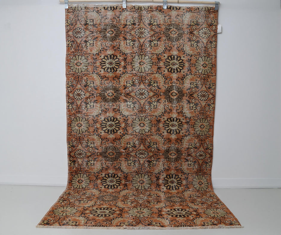 5x8 Vintage Turkish Floral Runner Rug, Orange Beige Wool Cotton Rug, Handmade Distressed Hallway Area Rug