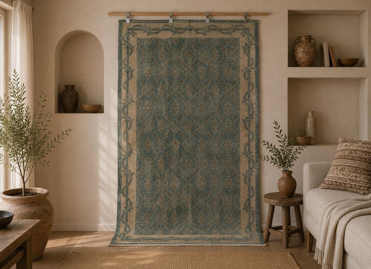 4x7 Vintage Turkish Floral Runner Rug, Green Beige Distressed Wool Cotton Hallway Rug, Handmade Traditional Decor