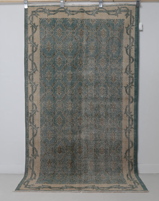 4x7 Vintage Turkish Floral Runner Rug, Green Beige Distressed Wool Cotton Hallway Rug, Handmade Traditional Decor