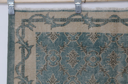 4x7 Vintage Turkish Floral Runner Rug, Green Beige Distressed Wool Cotton Hallway Rug, Handmade Traditional Decor