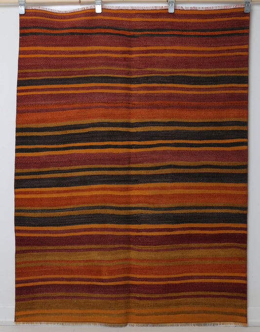 Vintage Turkish Kilim Rug 4'2 x 5'7 ft, Orange Red Striped Wool Kilim, Colorful Boho Area Rug