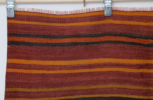 Vintage Turkish Kilim Rug 4'2 x 5'7 ft, Orange Red Striped Wool Kilim, Colorful Boho Area Rug