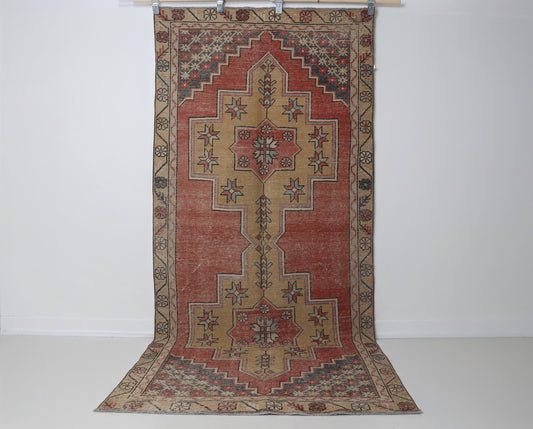 4x8 Vintage Turkish Runner Rug, Red Yellow Oriental Hallway Rug, Handmade Distressed Wool Cotton Decor