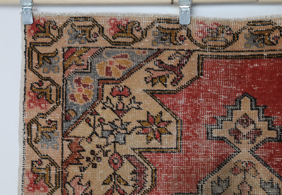 Vintage red beige oriental rug displayed in classic living room