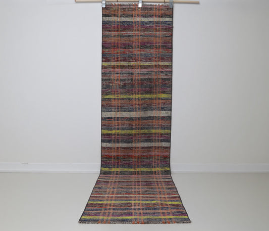 2'4 x 9'2 Vintage Turkish Kilim Runner, Multicolor Striped Wool Cotton Kilim, Long Hallway Runner Rug