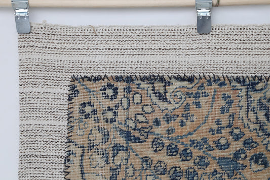3x4 Vintage Turkish Tapestry Rug, Blue Beige Flatweave Wall Hanging, Handmade Textile Wall Art