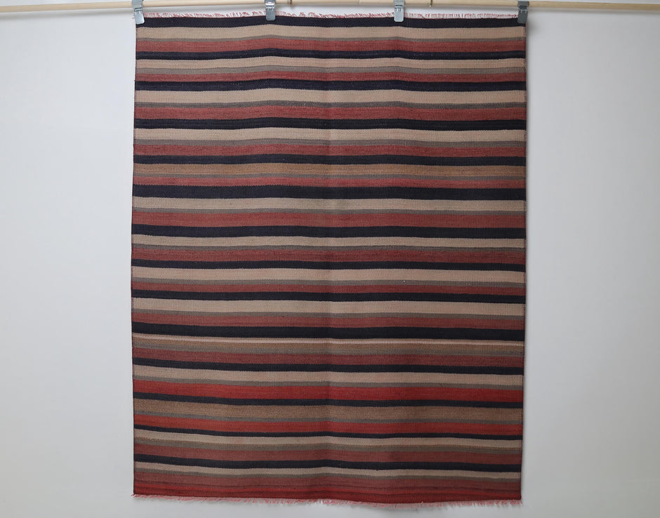 Close-up of horizontal band detail on multicolor kilim rug
