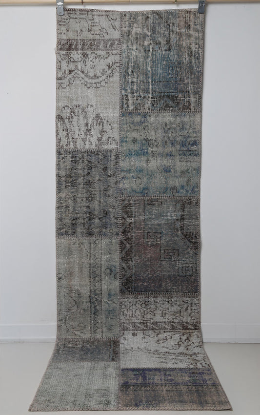 2x8 Vintage Turkish Patchwork Runner Rug, Gray Blue Overdyed Wool Cotton Hallway Rug