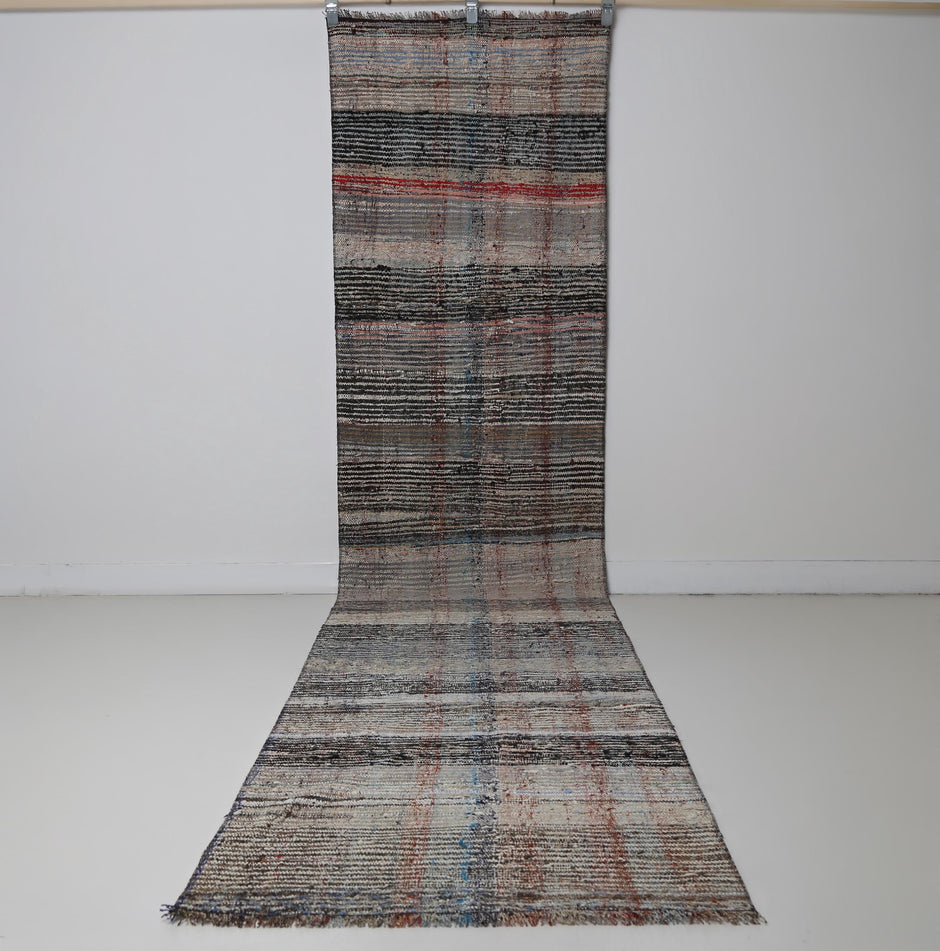 Close-up of layered striped texture on multicolor tribal runner