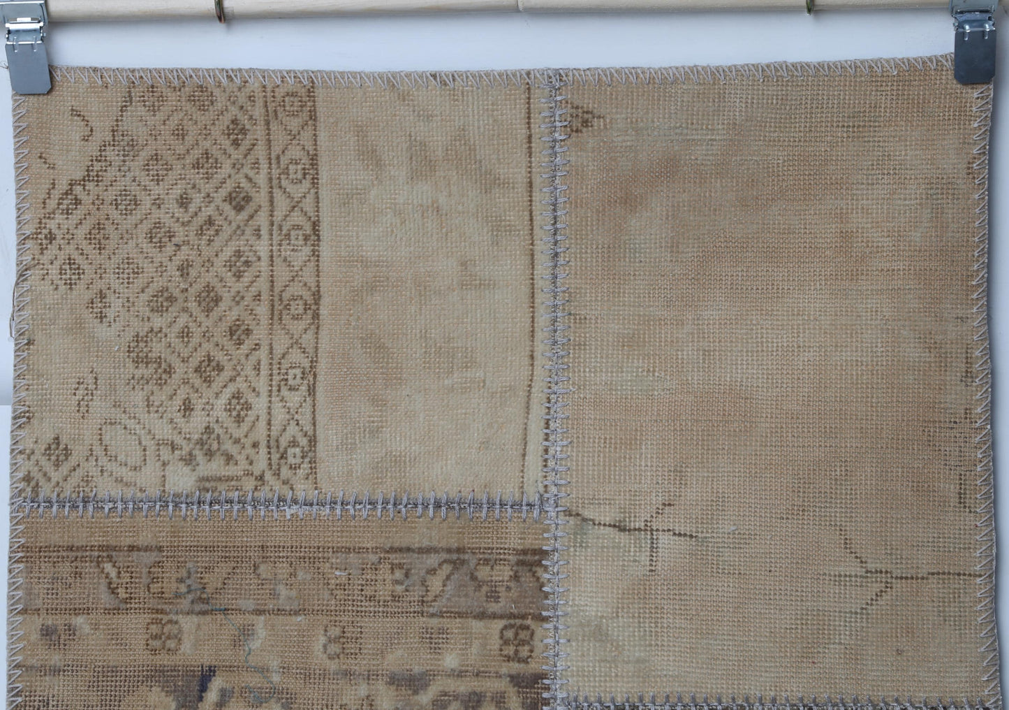 2x9 Vintage Turkish Patchwork Rug, Beige Neutral Runner, Handmade Wool Cotton Hallway Rug