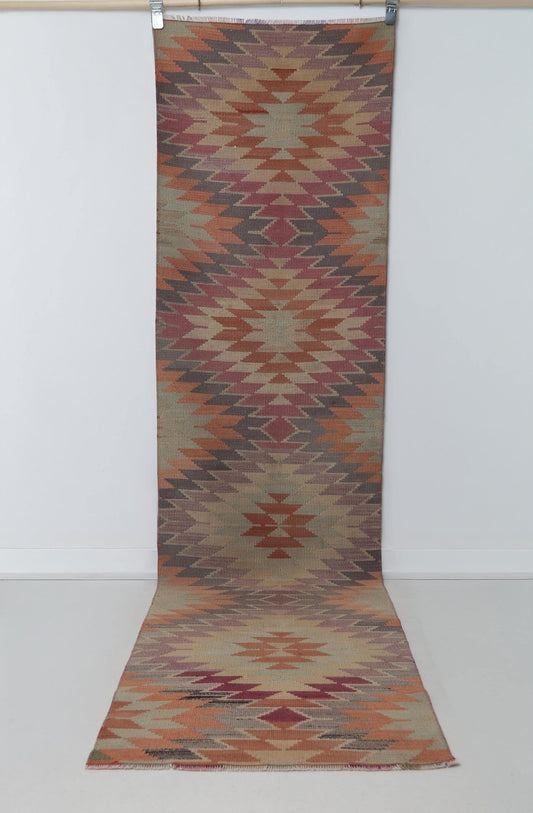 2x9 Vintage Turkish Kilim Runner Rug, Multicolor Geometric Hallway Rug, Handmade Flatweave Wool Runner