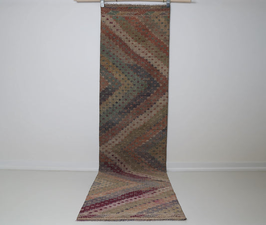2x9 Vintage Turkish Kilim Runner Rug, Multicolor Minimal Flatweave Hallway Rug, Long Handmade Wool Cotton Rug