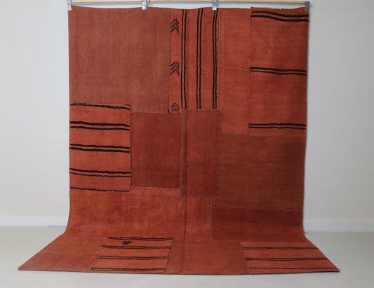 6x8 Vintage Hemp Patchwork Rug, Handmade Orange Turkish Area Rug, Minimal Rustic Floor Decor in Solid Warm Tones