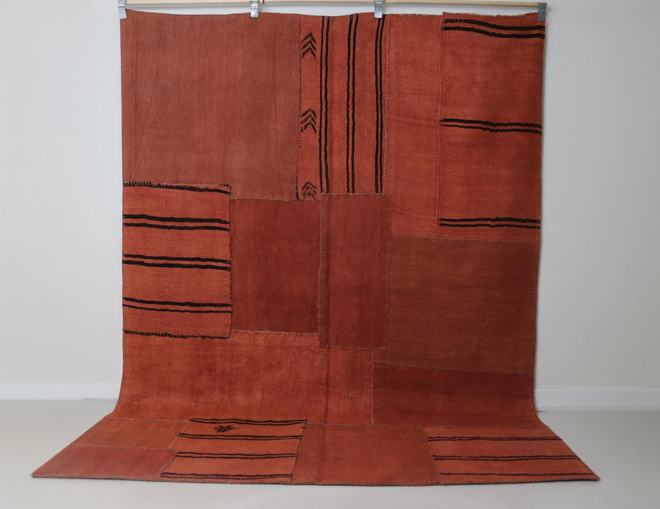 6x8 vintage Turkish hemp patchwork rug, warm orange rustic floor rug