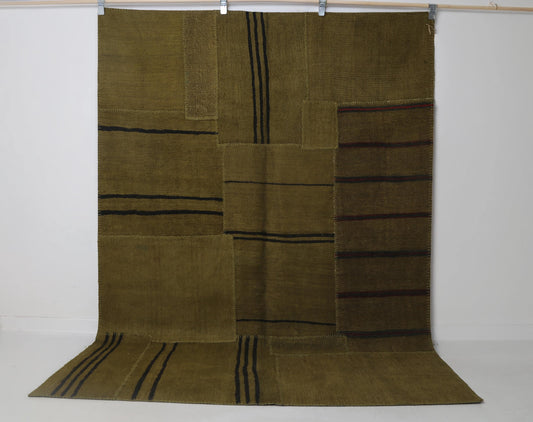 6x8 Vintage Hemp Patchwork Rug, Mustard Turkish Area Rug, Handmade Minimal Flatwoven Kilim Decor