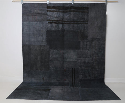 6x8 Vintage Hemp Patchwork Rug, Dark Blue Handmade Turkish Area Rug, Minimal Flatwoven Rustic Home Decor