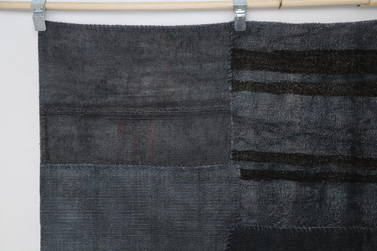 6x8 Vintage Hemp Patchwork Rug, Dark Blue Handmade Turkish Area Rug, Minimal Flatwoven Rustic Home Decor