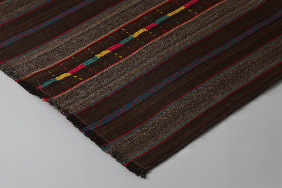 6x8 Vintage Striped Kilim Rug, Brown Handmade Wool Turkish Area Rug, Rustic Tribal Floor Carpet